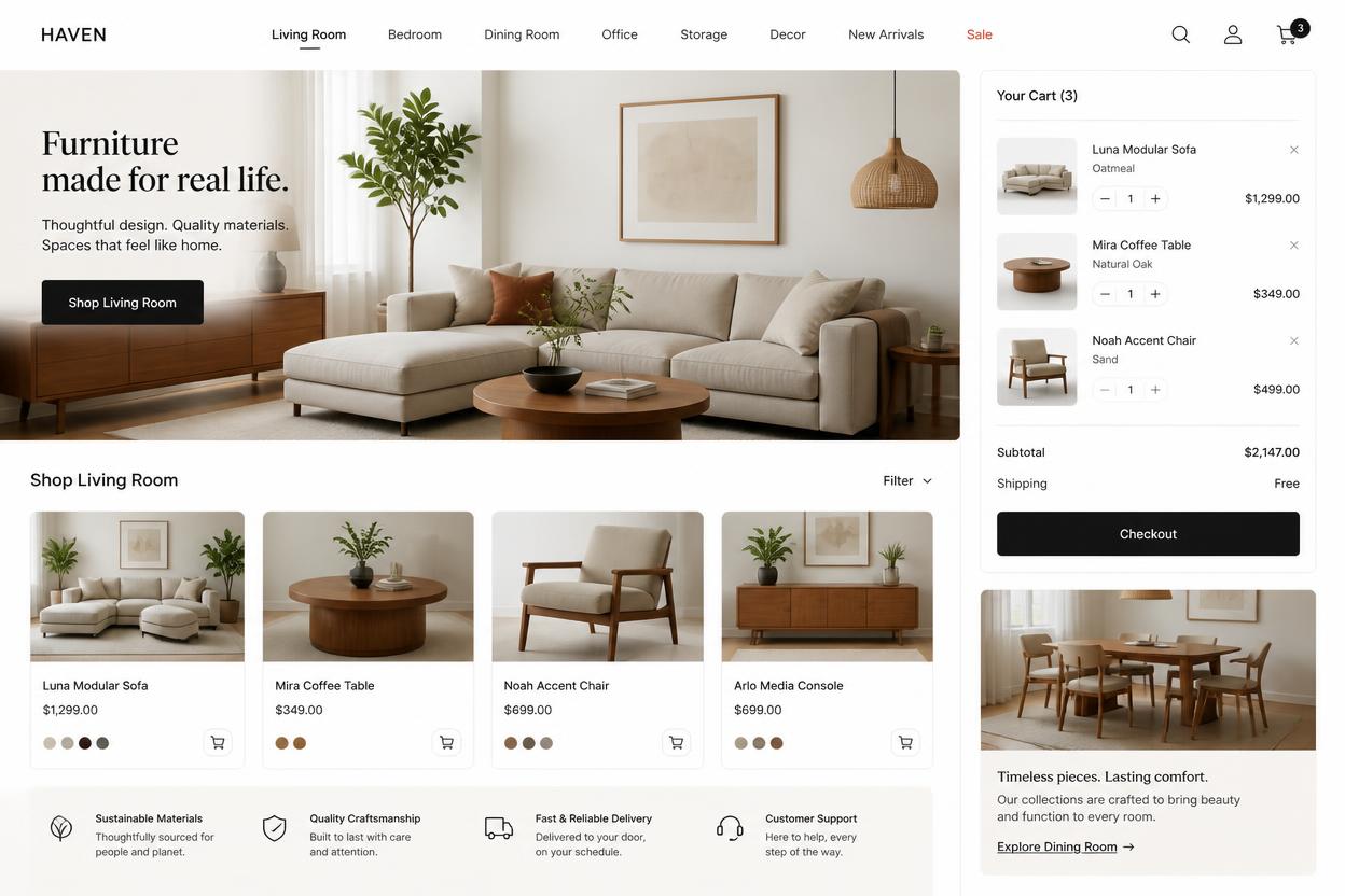 Haven Furniture — Shopify store we designed and built